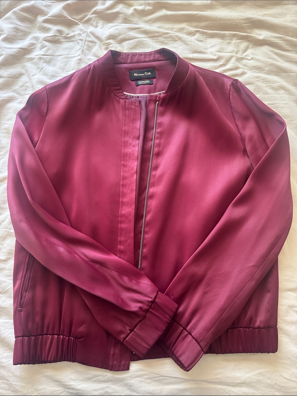 Massimo Dutti Satin Bomber Jacket in Deep Berry